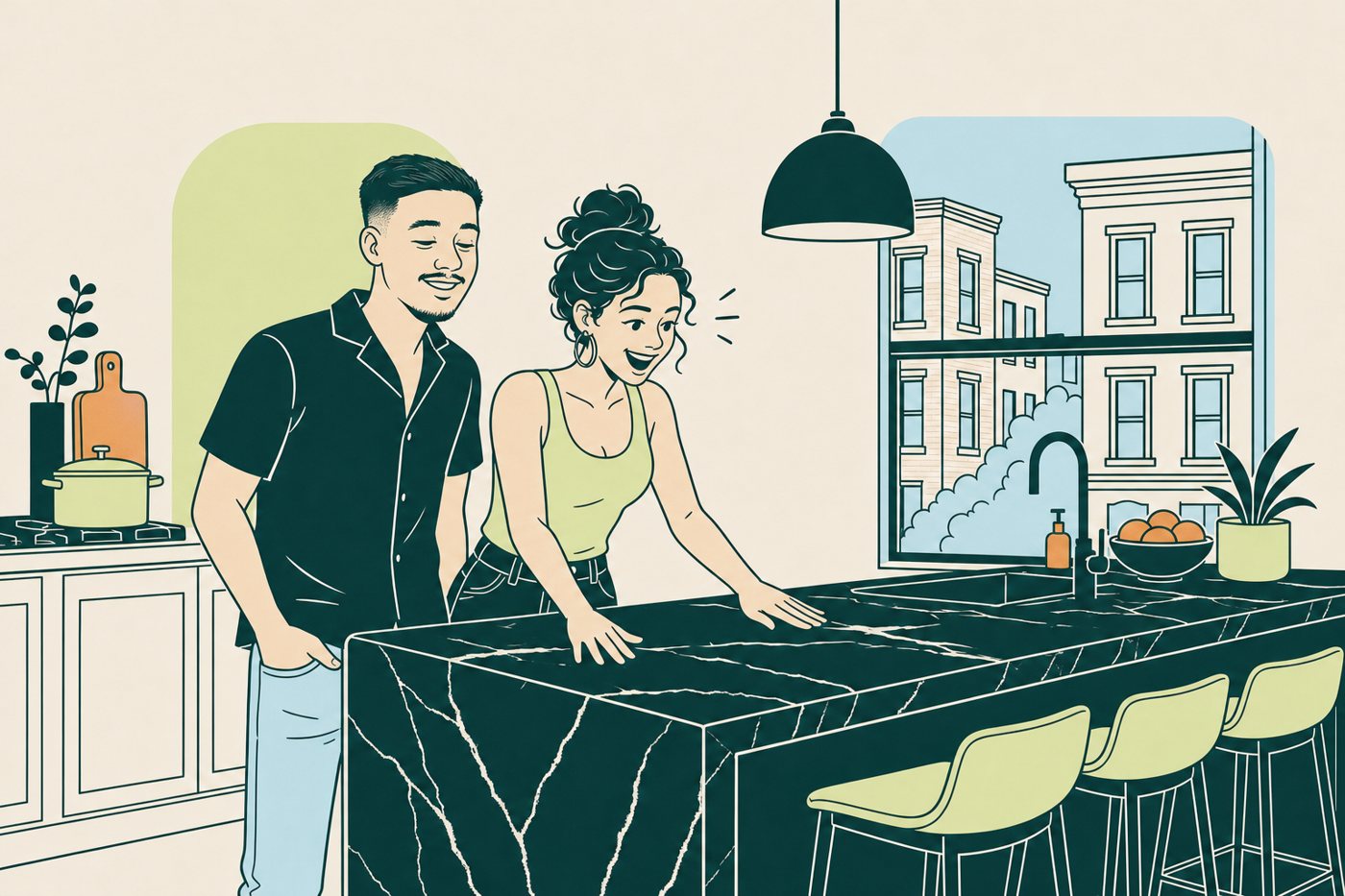 Illustration: Chris and a homeowner with her new black quartz island