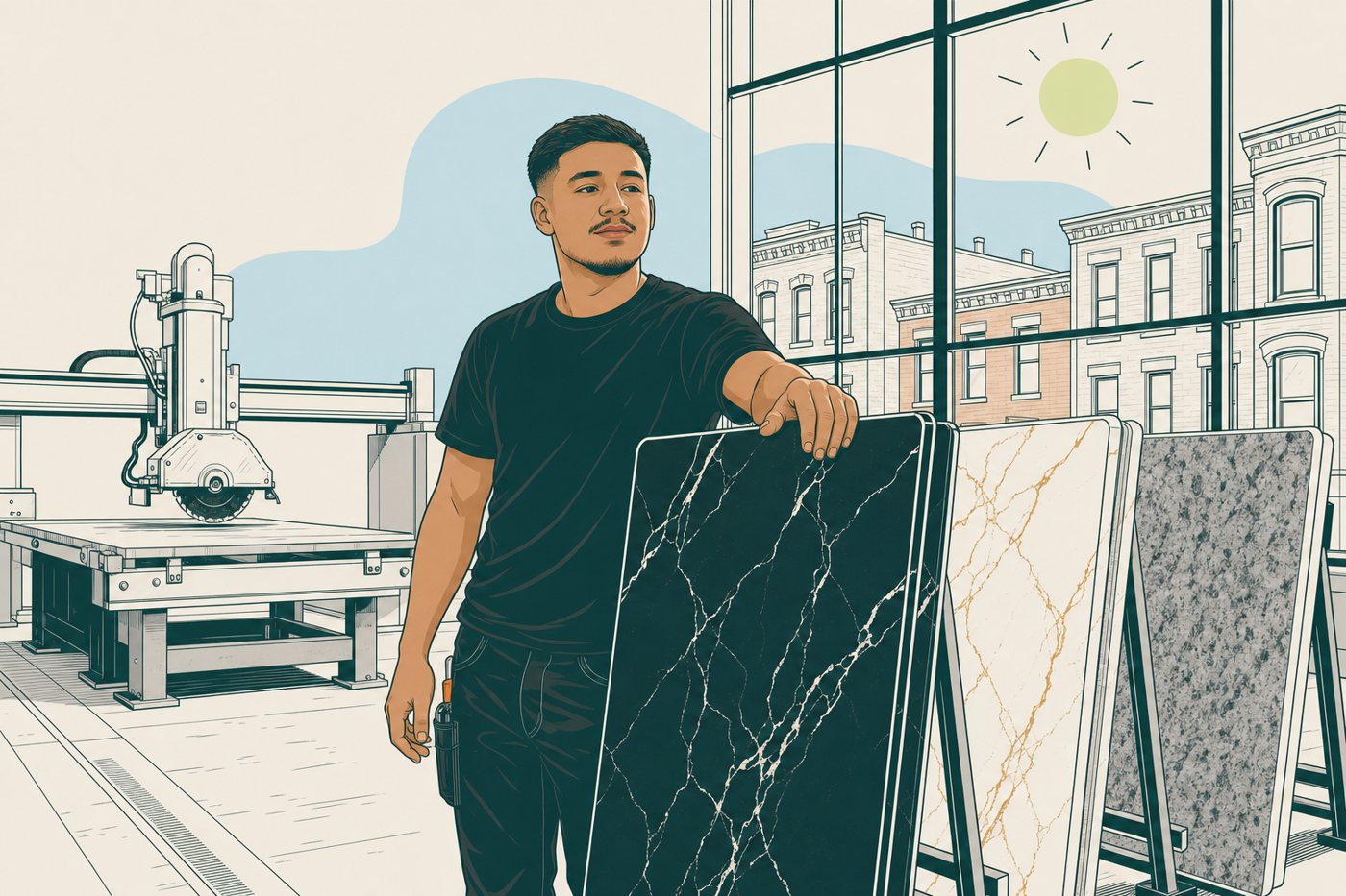 Illustration: Chris in the Lopez stone shop